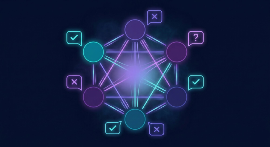 AI focus group visualization — twin nodes in dynamic conversation and debate